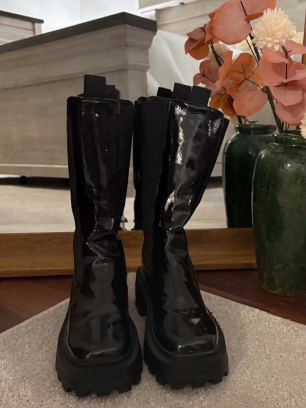 Women's Black Patent Chunky Lug Combat Boots